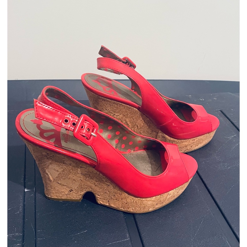 Fergalicious by Fergie Red Cork Wedge Heel Shoes Size 9